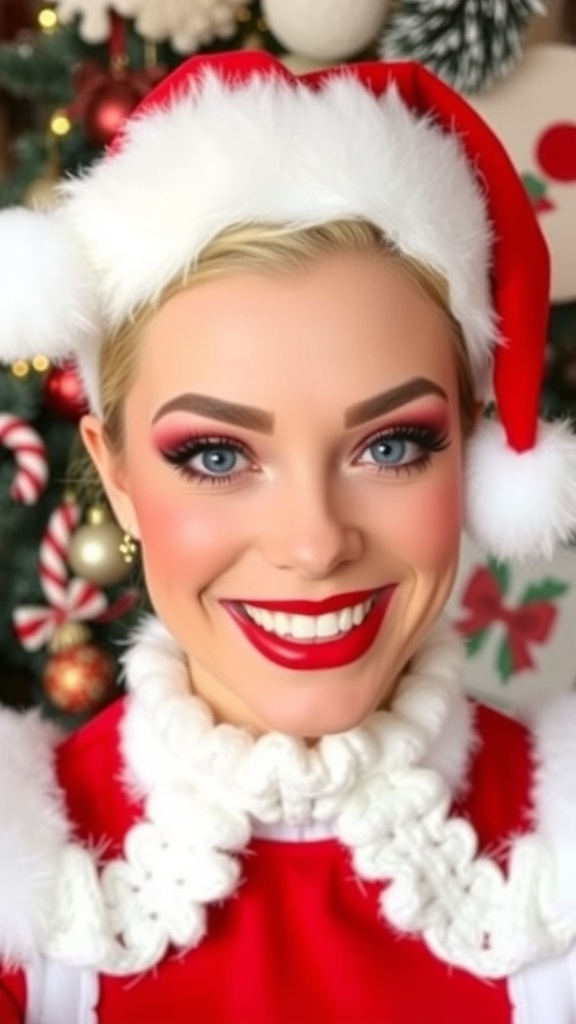 Festive Mrs. Claus makeup look with rosy cheeks and red lips, smiling in a holiday setting.